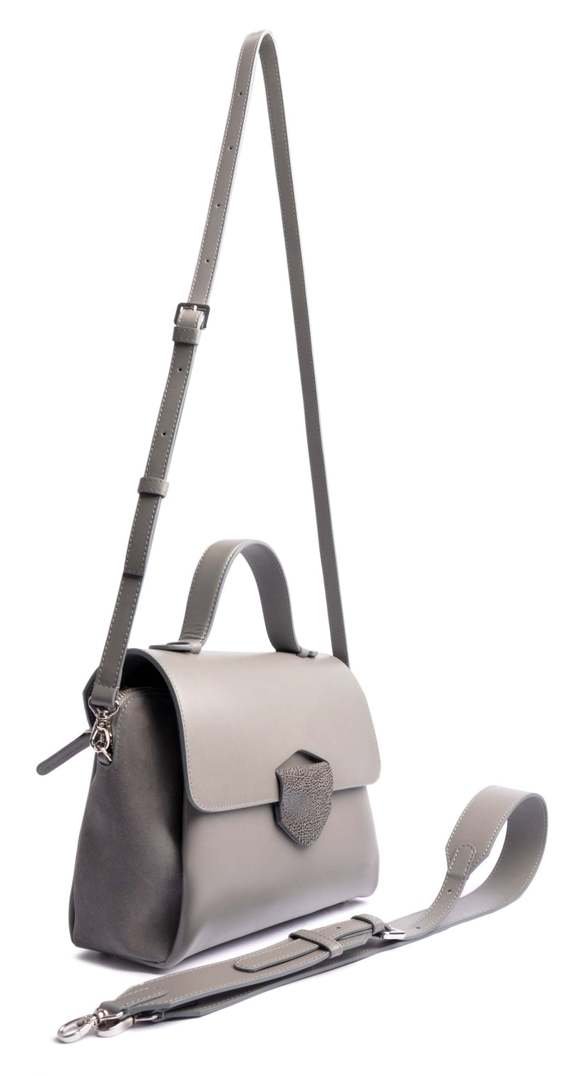 ARROW TOTE satin-finished calfskin in grey . With one adjustable Statement and narrow strap . OSTWALD Leather Manufactory.