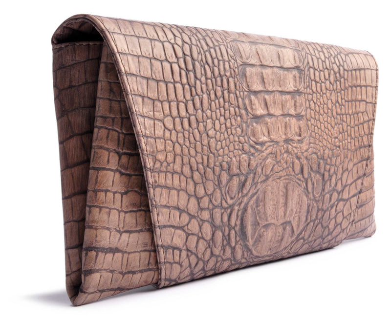 OSTWALD Purse . Elegant and Timeless ENVELOPE . CLUTCH. Calf leather Croc embossed . Color brown . Handcrafted In Our Studio