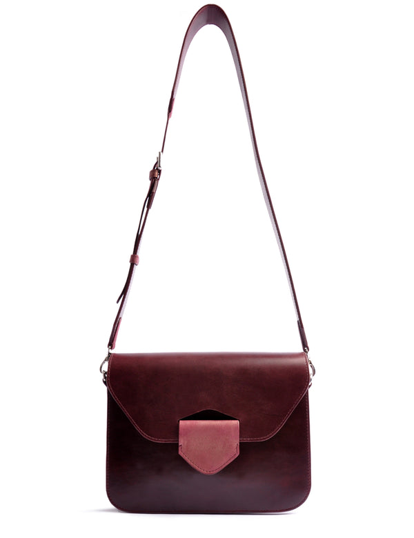 OSTWALD Purse . Elegant and Timeless  ARROW BOX . SHOULDERBAG. Calf leather . Color Burgundy . Handcrafted In Our Studio