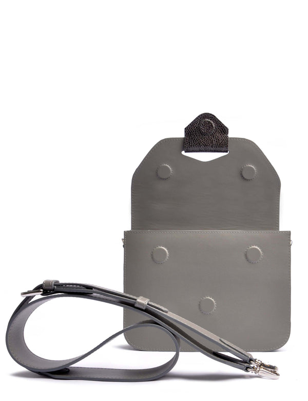 ARROW BOX . SHOULDERBAG with magnetical closure . satin-finished calfskin in grey. OSTWALD Leather Manufactory.