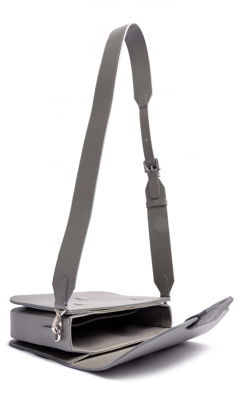 OSTWALD Bags . ARROW BOX . SHOULDERBAG . with 2 inner compartments and a mobile phone pocket . Grey calfskin leather