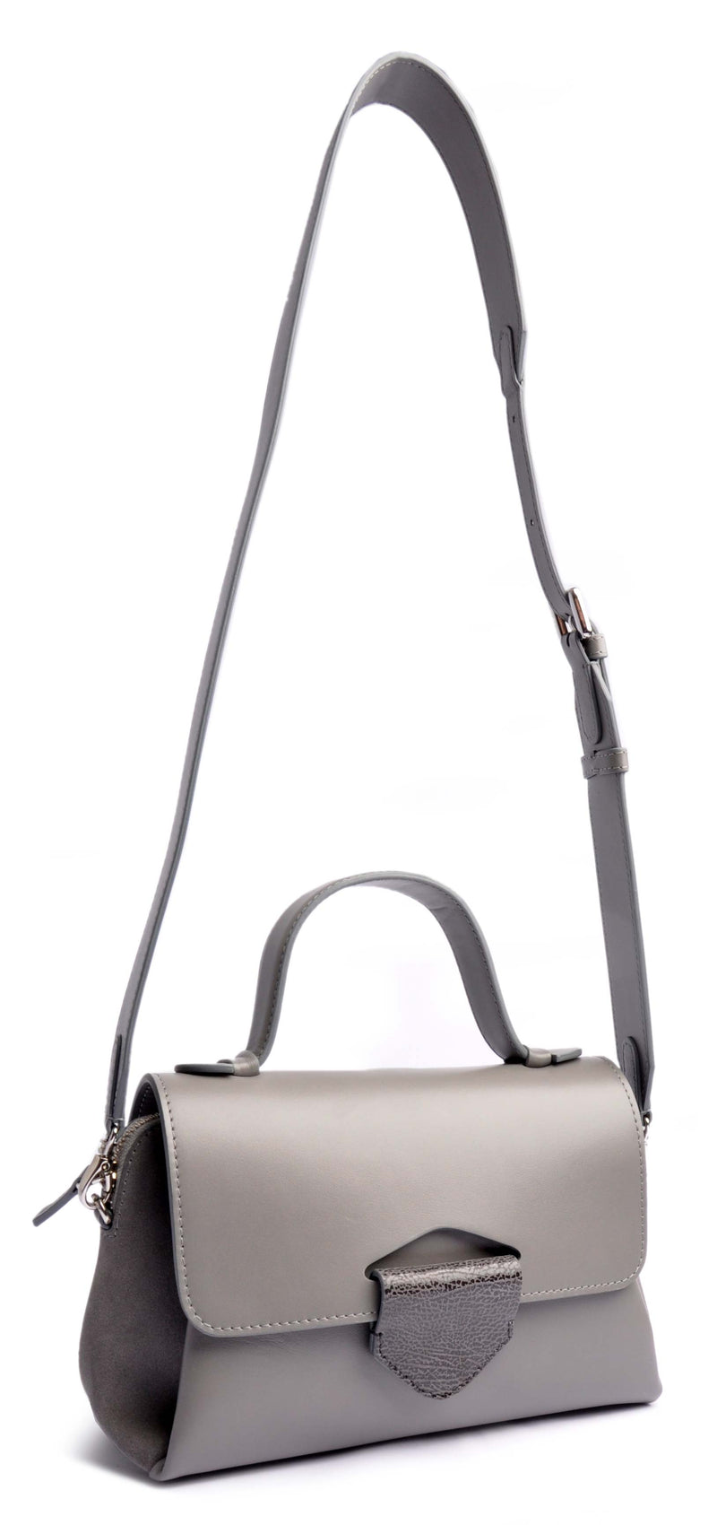 ARROW TOTE Small satin-finished calfskin in grey . With one adjustable Statement and narrow strap . OSTWALD Leather Manufactory.