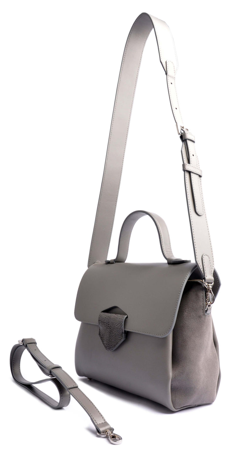 Shop Online . ARROW TOTE Bag . Handcrafted from Calf leather in grey . 2 adjustable  straps