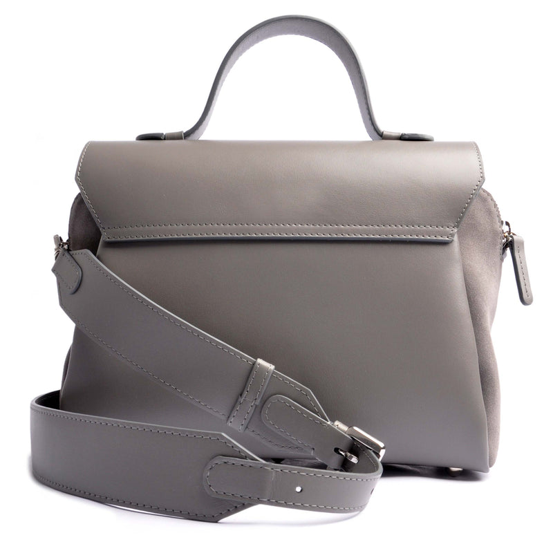 ARROW TOTE handcrafted from satin-finished calfskin in grey . Adjustable Statement Strap . OSTWALD Leather Manufactory.